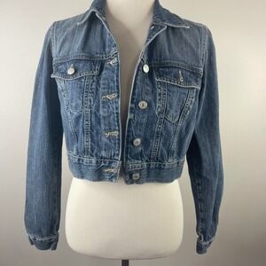 Tommy Hilfiger Vintage Cropped Denim Jacket Medium Wash Blue Flag Logo Size S